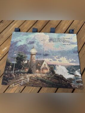 Thomas Kinkade Wall Tapestry Lighthouse (A Light in the Storm) 26 x 33 inches